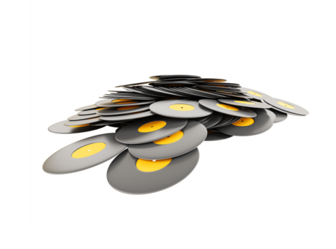 Vinyl Records Collection: A pile of vintage vinyl records, showcasing the iconic round shape and design. It evokes nostalgia for music enthusiasts and collectors alike.