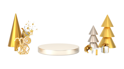 Golden Christmas Presentation: A festive holiday setting with golden and silver geometric Christmas tree, gifts, ornaments, and a stage perfect for seasonal display.