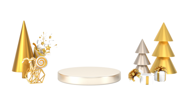 Golden Christmas Presentation: A festive holiday setting with golden and silver geometric Christmas tree, gifts, ornaments, and a stage perfect for seasonal display.