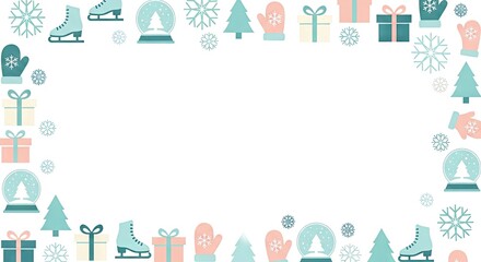Winter holiday-themed border with skates, mittens, and gifts  