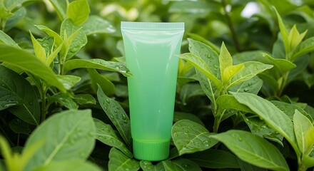 A light green plastic tube with a ridged cap stands upright amidst lush green leaves.
