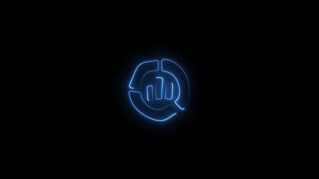 Abstract blue neon glowing circular icon with bar chart inside on a black background, representing data analysis, finance, or technology concept