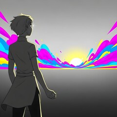 Elegant Character with Animated Eyes Embracing Vibrant Abstract Horizons, Exuding Optimism, Calm Energy, and Minimalist Magic Serenely through Dynamic Expression