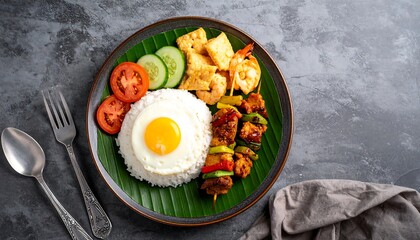 Delicious food plate with egg and various items