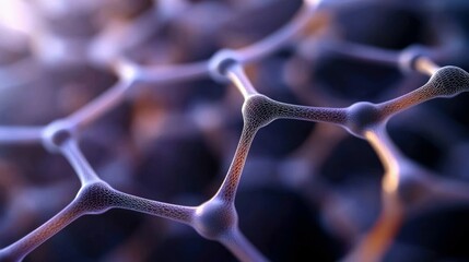Close-up, abstract 3D render of a molecular lattice structure. The interconnected nodes and lines glow with purple and orange light against a dark, blurred back