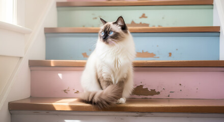 Beautiful Ragdoll Cat Sitting on Distressed Pastel Painted Wooden Stairs