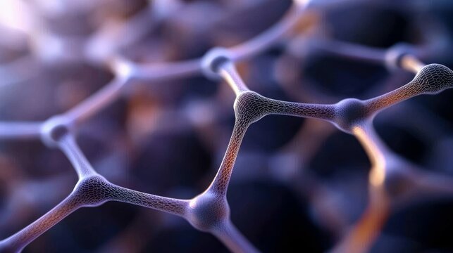 Close-up, abstract 3D render of a molecular lattice structure. The interconnected nodes and lines glow with purple and orange light against a dark, blurred back - Powered by Adobe
