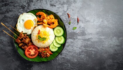 Delicious plate of prepared food overhead view