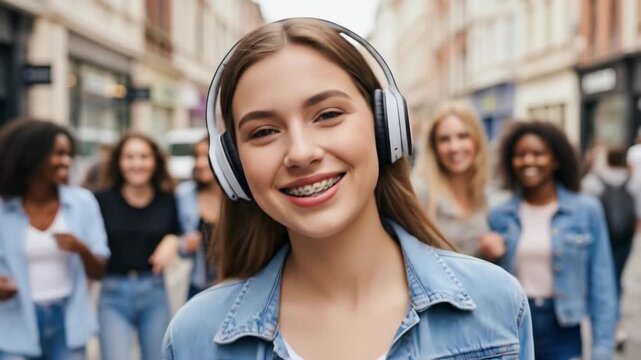 Smiling woman enjoying music on city street with friends in background