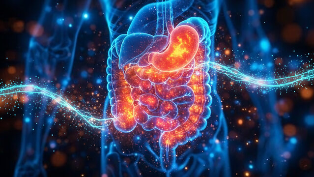 Human digestive system with glowing organs and blue energy streams on a dark background art
