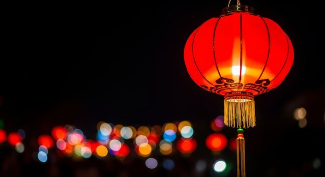 Red lantern illuminated at night with bokeh lights in background