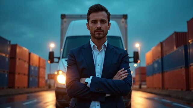 A young Hispanic man in a suit stands confidently with arms crossed in front of a delivery truck at a shipping yard during twilight.