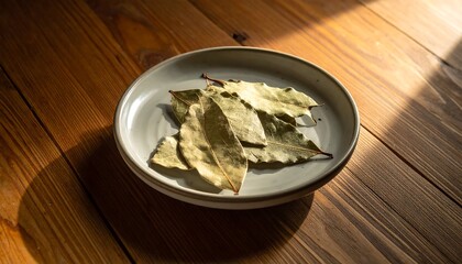 Dried bay leaves in ceramic plate