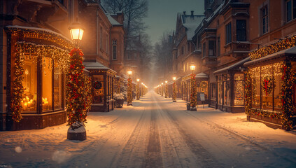 AI-generated image of city streets at night with Christmas decorations spreading the Christmas spirit