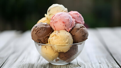 A glass bowl filled with scoops of ice cream on a white wooden table with a blurred background