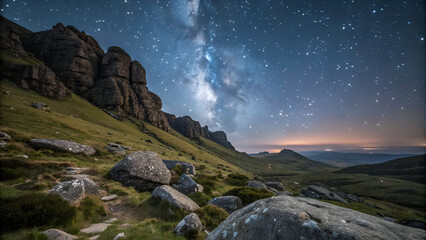Spectacular highland landscape with rugged rocks against a star-filled sky, perfect for travel and night sky enthusiasts