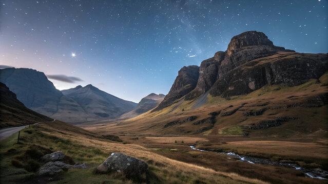 Spectacular highland landscape with rugged rocks against a star-filled sky, perfect for travel and night sky enthusiasts