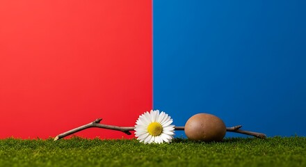 Minimal concept with twig, brown stone and beautiful flower decorated on green moss carpet on red and blue background. Front view, space for display product and design
