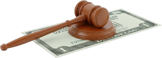 A wooden auctioneer's gavel rests on a U S dollar bill signifying justice and financial transactions law money finance legal court judge sale bid commerce