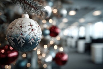 Sparkling Christmas ornament with office bokeh lights for modern office workplace holiday decor