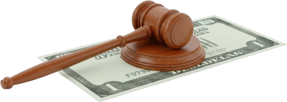 A wooden auctioneer's gavel rests on a U S dollar bill signifying justice and financial transactions law money finance legal court judge sale bid commerce