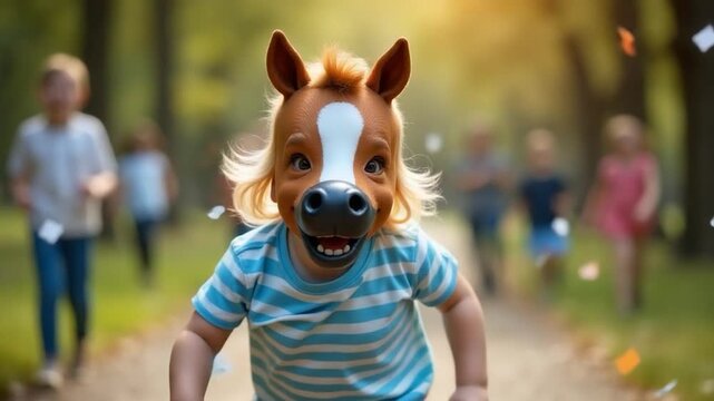 Video A young girl wearing a horse mask runs down a path, possibly for a costume party or Halloween celebration