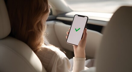 Woman in a car holding a smartphone with a green check mark on the screen