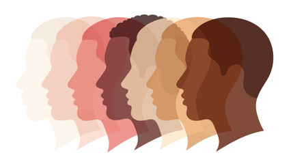 Human Head Profiles Showing Skin Tone Diversity and Racial Equality. Vector illustration of overlapping silhouettes demonstrating inclusion and different races.