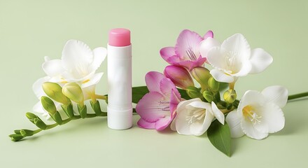 Lip balm and freesia flowers on light green background, closeup