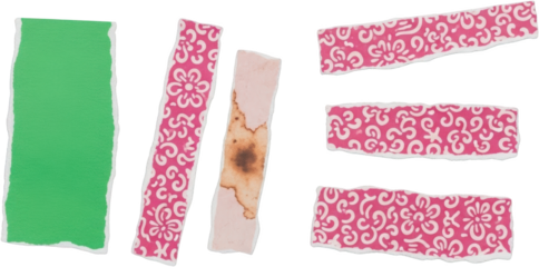 Assorted torn paper scraps with distressed edges solid green pink floral pattern light pink with burn mark and pink patterned strips ripped vintage aged