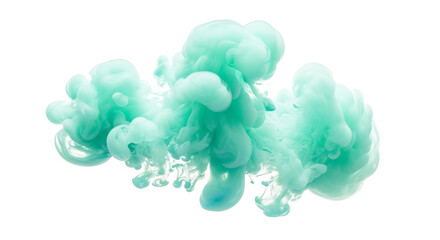 Turquoise ink cloud swirling gracefully in water against a stark black backdrop on transparent background