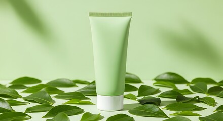 Light green tube with a white cap, standing upright on a surface adorned with green leaves, against a soft green backdrop