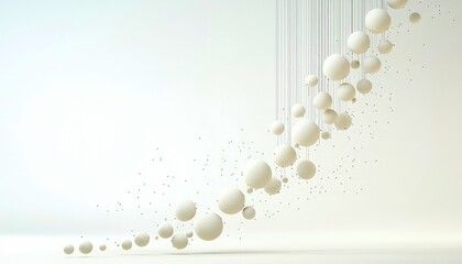 Fototapeta premium An abstract composition featuring multiple spheres hanging from thin strings against a minimalist background. The spheres are white and arranged in a curved pat