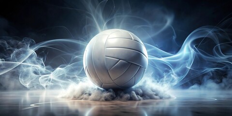 A gleaming volleyball rests on a smoky court, ethereal light swirling around it, a powerful symbol of athletic competition and the thrill of victory