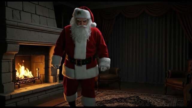 Angry Santa Claus man standing by fireplace holiday decoration. Christmas celebration horror concept for seasonal fear.