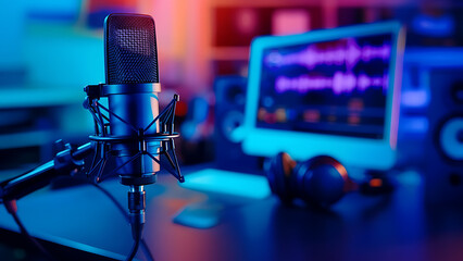 A condenser microphone in a studio setting with a computer screen displaying audio waveforms nearby