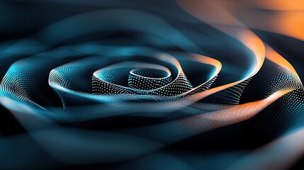 An abstract digital art piece featuring a swirling, spiral-shaped formation of tiny dots or particles. The structure is illuminated with a gradient of blue and