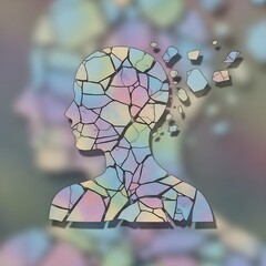 Mysteries of a Fraying Psyche: An Abstract Display of a Fragile Human Silhouette, Shattered Thoughts, and Muted Pastel Mind Struggles.