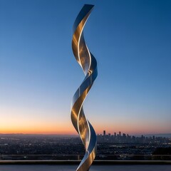 Twilight Cityscape Embraces an Ethereal Metallic Helix Sculpture: A Transcendent Minimalistic Render, Illuminated by Soft Ambient Lighting and Modern Elegance.