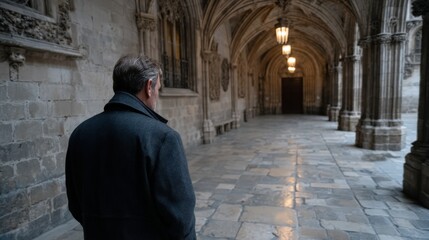 Naklejka premium A solitary figure walks down an ancient corridor, enveloped in shadows and history, hinting at stories untold and the allure of exploration within a magnificent architectural space.