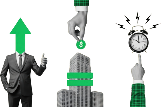 A businessman with an upward arrow for a head gives a thumbs up a hand places a dollar coin atop skyscrapers and another hand points to a ringing alarm clock