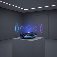 Mystery of the Glowing Sound: A Futuristic Device Radiates Ambient Waves in a Minimalist, Luminous Space of Sleek Simplicity