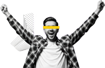 Ecstatic man in plaid shirt raises arms in celebration face covered by yellow bar and halftone dots graphic elements behind him Victory Success Happiness