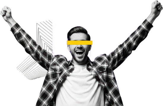 Ecstatic man in plaid shirt raises arms in celebration face covered by yellow bar and halftone dots graphic elements behind him Victory Success Happiness