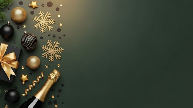 A festive New Year background features sparkling champagne, a luxurious gift, elegant ornaments, and golden confetti on a dark green surface.