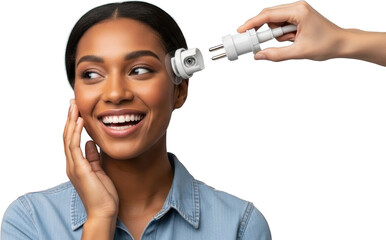 A smiling Black woman's head is being fitted with a small white electronic device near her ear by a hand holding a connecting cable Technology Connection