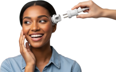 A smiling Black woman's head is being fitted with a small white electronic device near her ear by a hand holding a connecting cable Technology Connection