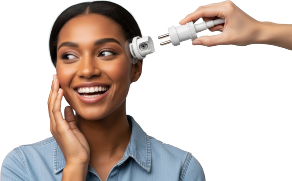 A smiling Black woman's head is being fitted with a small white electronic device near her ear by a hand holding a connecting cable Technology Connection