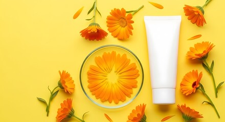Calendula flowers placed scattered on yellow flat, a petri dish of flower petals, an empty blank cosmetic tube for branding. Copy space for text, top view advertising photo
