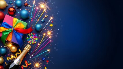 A dazzling display of new year celebrations featuring sparkling fireworks, colorful baubles, a festive gift, and champagne against a deep blue background.
